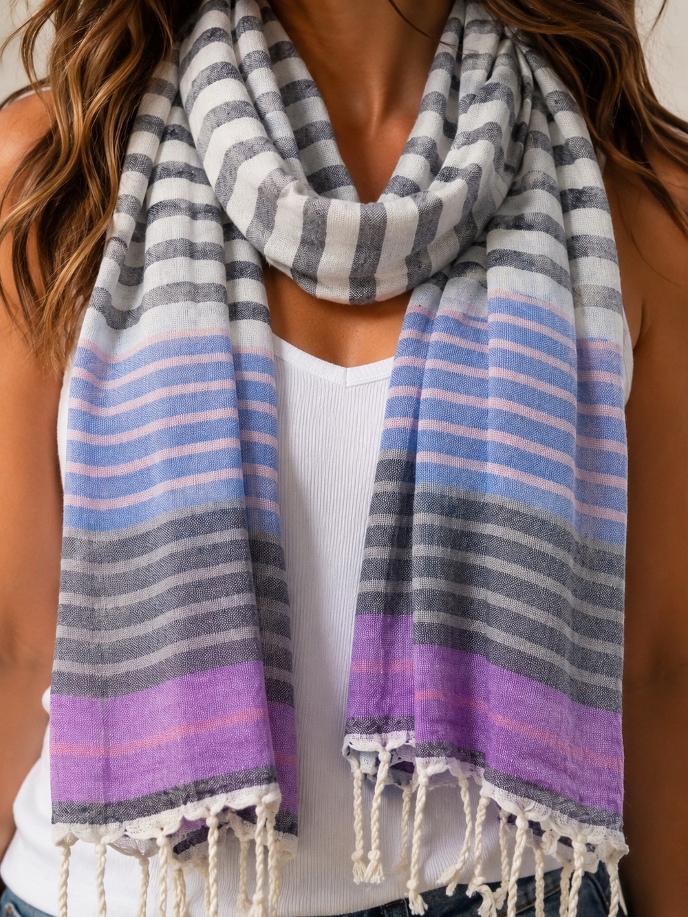 💜🤍American Eagle Lightweight Striped Scarf Blue Gray Purple Tassel Fringe Wrap